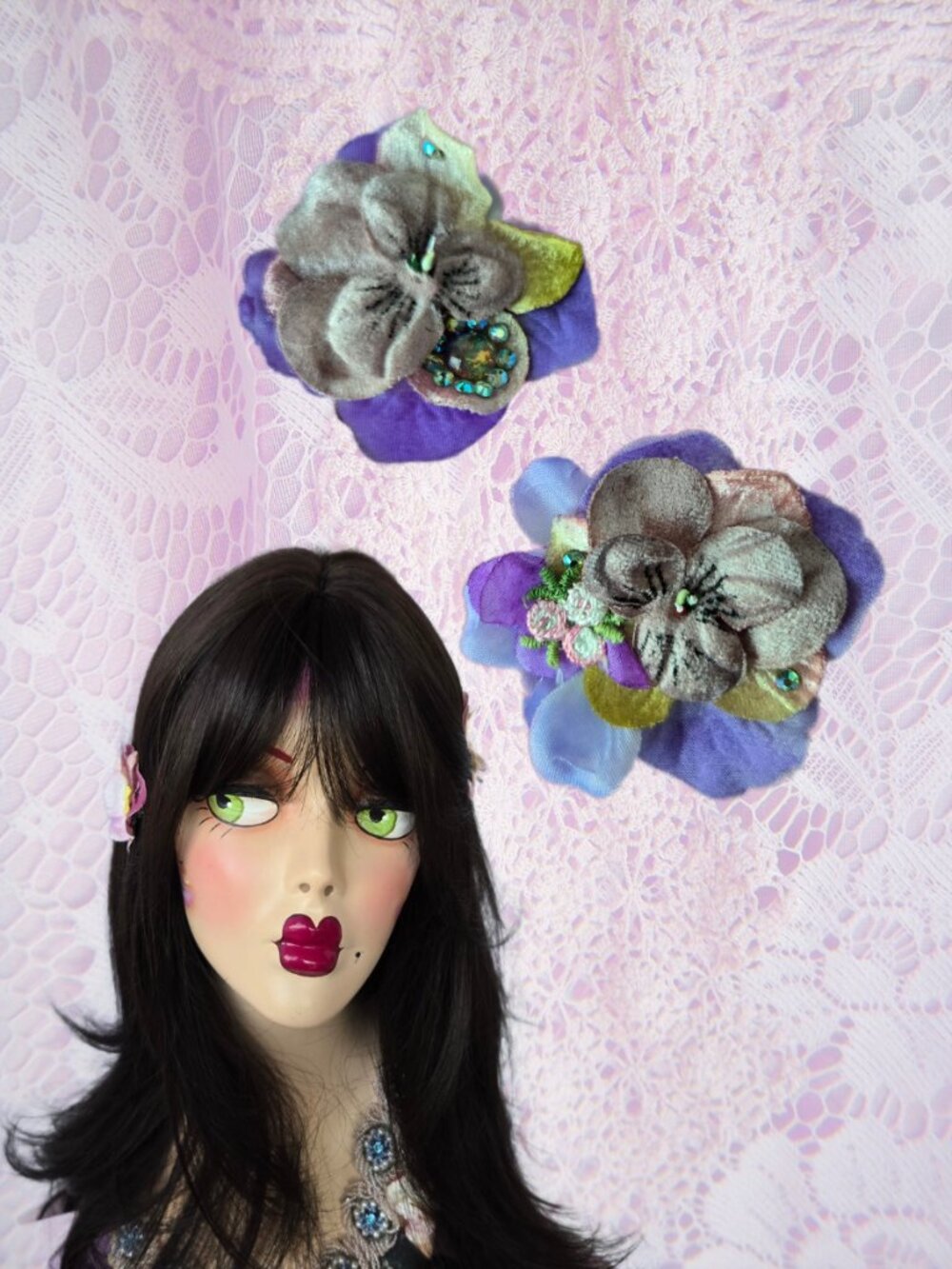 Handmade Violet Floral Velvet Jewelled Hairclips Romantic Fairycore